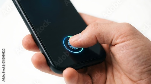 A hand pressing a finger against a glowing digital fingerprint scanner on a black smartphone screen with biometric sensor integrated thumb unlock smartphone