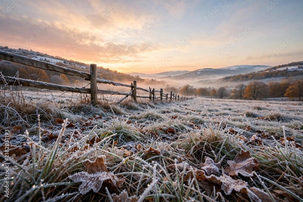 Obraz premium Frosty landscape featuring a wooden fence and grass, capturing the essence of November's seasonal transition