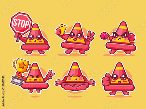 Funny traffic cone mascot illustration set featuring various poses
