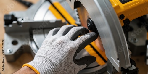 Worker wearing protective work glove dangerously close to a spinning circular saw blade in a workshop, conceptual stock photo representing workplace safety hazards and accident risks