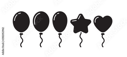 Five decorative balloons in balloon and heart and star shapes for birthday party celebration vector graphic design set.