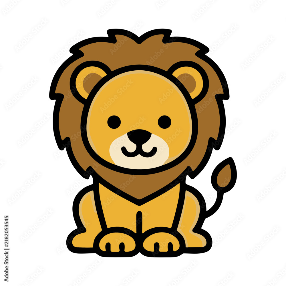 Fototapeta premium Cute Cartoon Lion Sitting Facing Forward With Full Mane