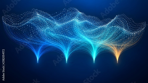 Tapety artystyczne Dynamic data visualization graph with glowing digital lines merging into a continuous stream representing big data analytics and network traffic