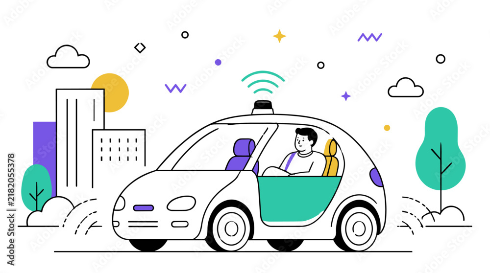 Naklejka premium Autonomous vehicle driving through modern city streets illustration.