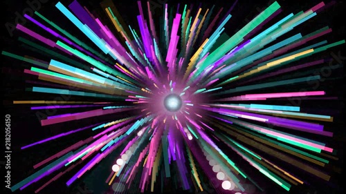 Exploding colorful light streaks radiating outwards from a central bright glowing sphere