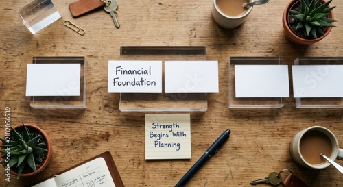 Financial Foundation Concept with Planning Notes on a Wooden Desk