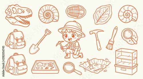 Foto Charming illustration of a young paleontologist exploring ancient fossils and artifacts with excavation tools and a magnifying glass