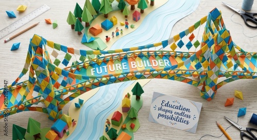 Future Builder Miniature Paper Craft Village with River and Bridge