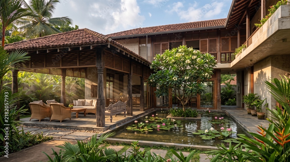 Obraz premium Tropical modernist luxury villa with a serene courtyard and reflecting pond blending into a lush jungle environment