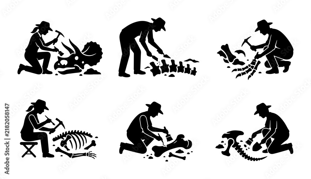 Fototapeta premium Paleontology Icons: Fossil Excavation, Dinosaur Bones, Archeology Digs, Scientific Discovery Vector Set