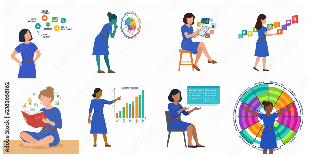 Fototapeta premium Vector illustrations of a business woman for career growth, skill assessment, performance tracking, and self-improvement concept