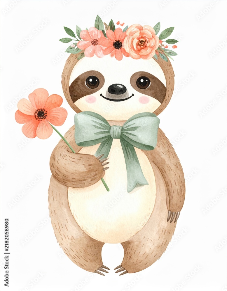 Obraz premium A cute sloth wearing a flower crown and a big green bow, holding a peach-colored flower with a gentle smile.