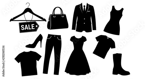 Apparel icons set silhouette with sale tag on white background