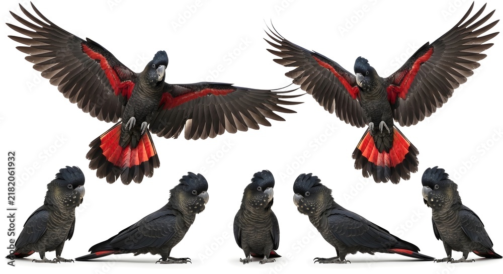 Fototapeta premium Red tailed black cockatoo set on white background