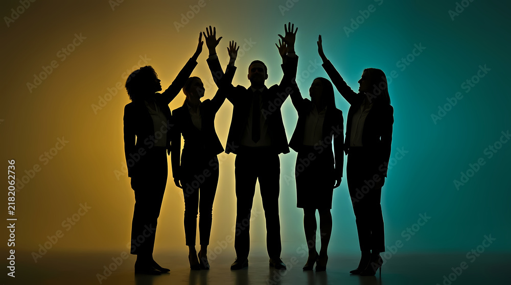 Fototapeta premium Group of business professionals standing together in silhouette reaching upwards to celebrate success and achievement while demonstrating teamwork and unity in a corporate environment for