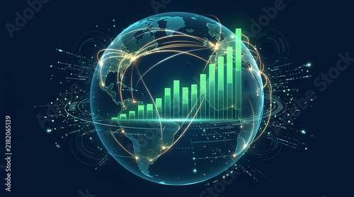 Global finance performance indicators shown on a digital earth sphere representation symbolizing international trade market growth trends with connectivity networking lines during a period of