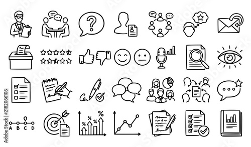 Принти на полотні Research Survey Feedback Hand Drawn Doodle Icons, Interview, Opinion and Data Co