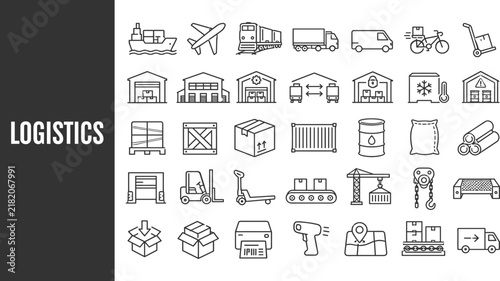 Logistics line icon set. Delivery and Logistic symbol collection. Shipping, delivery, distribution, cargo, freight, transportation.