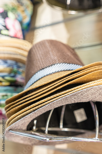 Stack pile of fedora hats in a clothing store