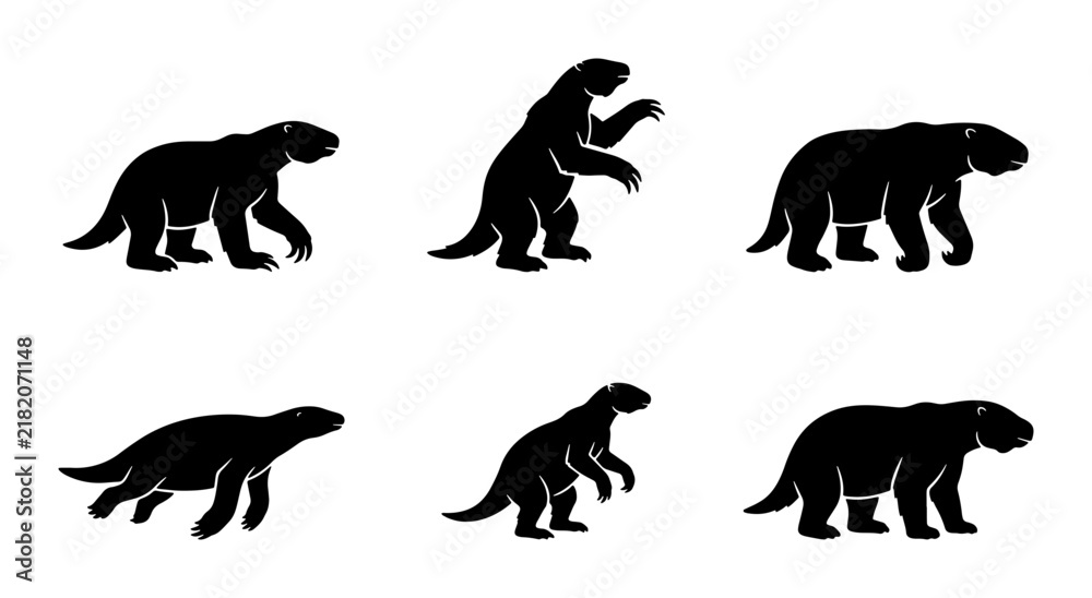 Fototapeta premium Dinosaur Silhouettes, Prehistoric Creature Poses, Ancient Reptile Vector Icons, Paleozoic Animal Graphics