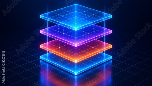 Futuristic glowing digital data stack concept showing layered network architecture and technology platform levels