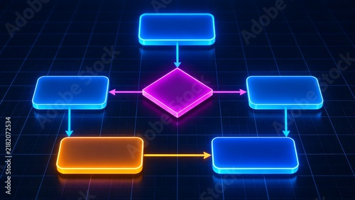 Blank glowing neon flowchart diagram with decision node and digital arrows for business process and algorithm mapping