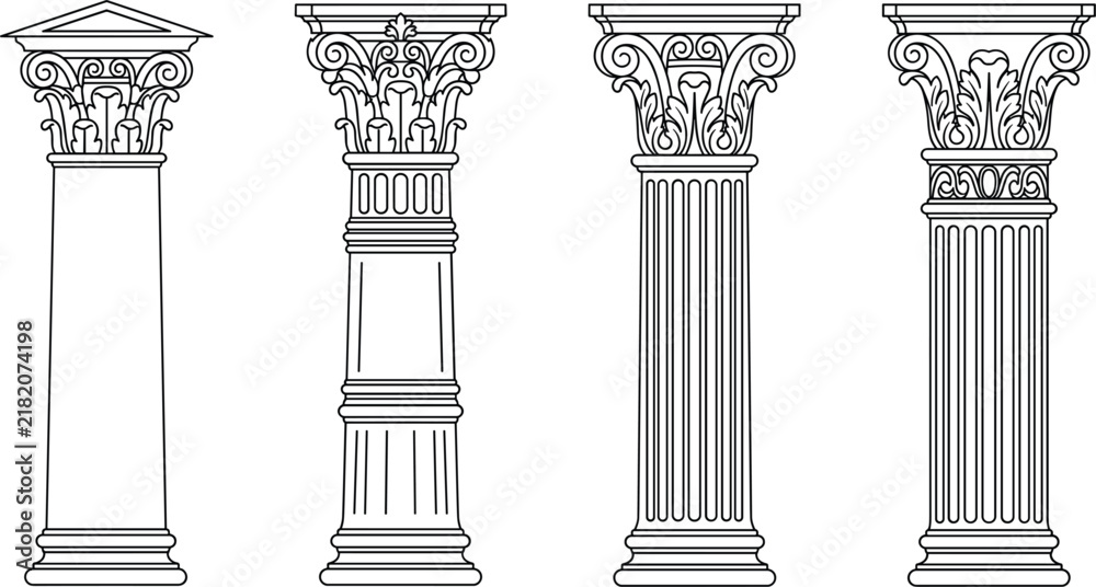 Obraz premium Classical Roman and Greek architectural pillar columns set showcasing ornamental corinthian ionic capitals and fluted shafts (16 words)