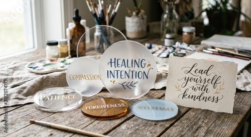 Acrylic Circles Featuring Healing Intention, Compassion, Forgiveness and Wellness Messages in an Art Studio