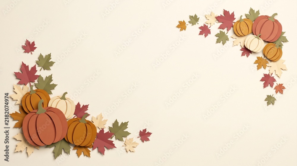 Fototapeta premium Decorative thanksgiving border featuring autumn pumpkins and colorful fall leaves on a light beige background for seasonal invitations