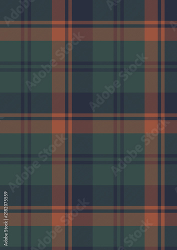 Seamless tartan plaid pattern in dark green, navy blue, and warm orange colors, classic autumn check vector background, retro flannel textile design, winter fashion fabric illustration