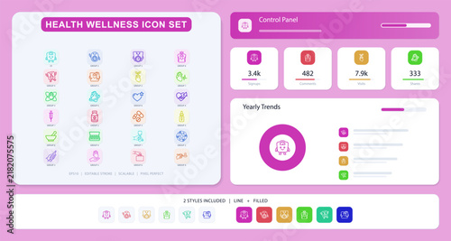 Medical wellness icons set. Outline vector collection of heart, pills, syringe, and health symbols for healthcare apps and infographics.