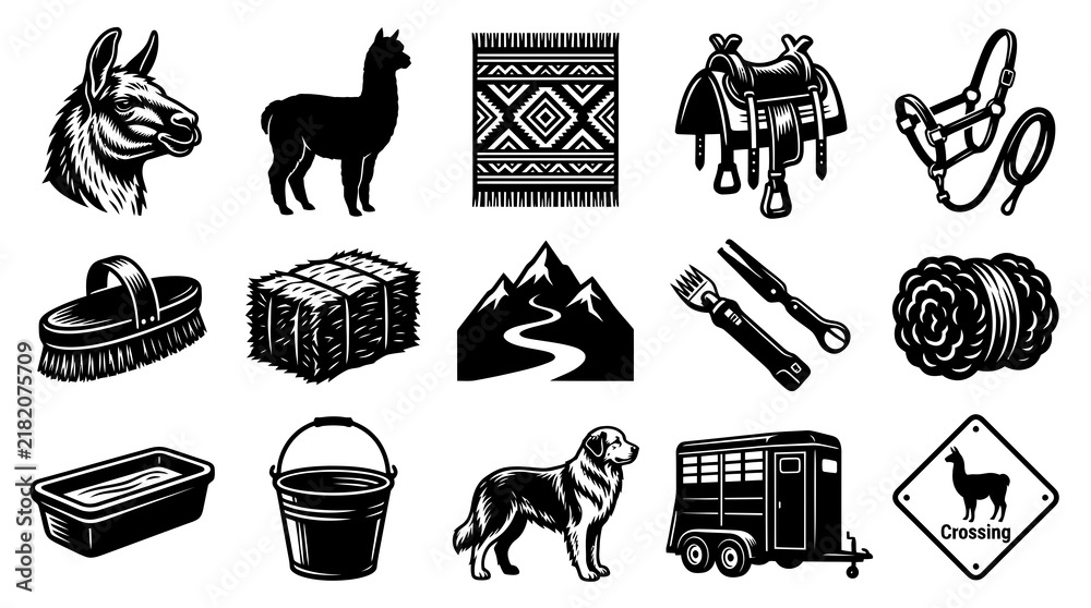 Fototapeta premium Black and White Vector Icons of Farm and Ranch Equipment and Animals