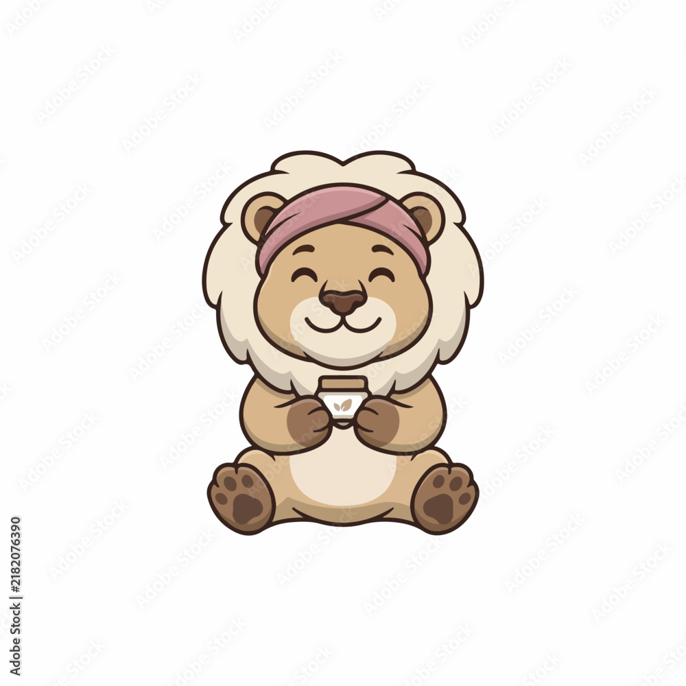 Fototapeta premium Funny lion wearing a spa headband for skincare routine and beauty treatment concept.