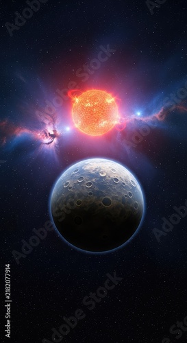 An alien planet orbits a distant glowing star within a vast nebula, featuring rocky terrain and a thin atmosphere in the deep cosmic void, universe, vision, solar