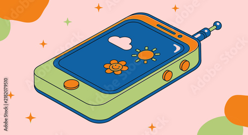 Retro Toy Phone with Cartoon Icons, Isolated on Transparent Background, Playful Design