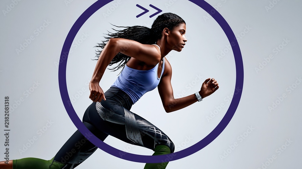 Obraz premium Fit athletic woman running fast inside a progress circle, symbolizing speed and achievement