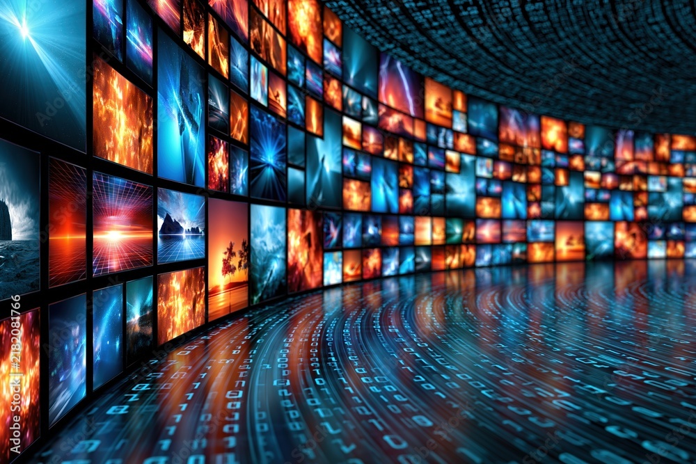 Fototapeta premium Digital Media Wall with Abstract Data Flow and Vibrant Screen Displays