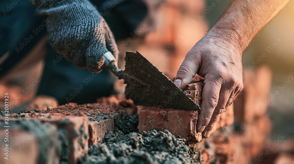 Fototapeta premium Close-up of a construction worker's gloved hands expertly laying bricks with a trowel and mortar