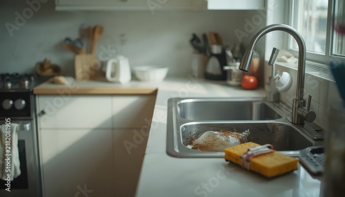 A double basin metal kitchen sink with a yellow sponge on counter