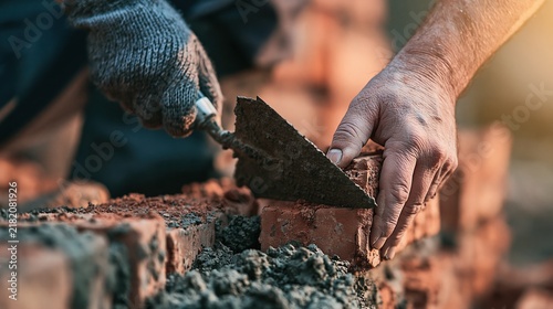 Close-up of a construction worker's gloved hands expertly laying bricks with a trowel and mortar