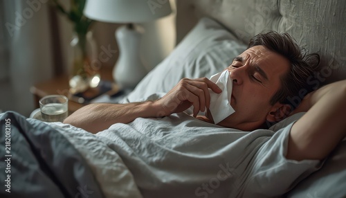 Sick man resting in bed holding a tissue