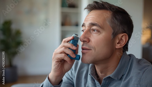 Middle aged man using a blue asthma inhaler indoors