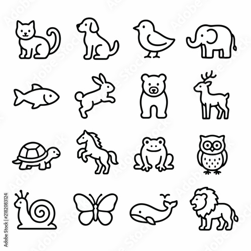 Vector-based, uncolored animal line icon set on a white background.