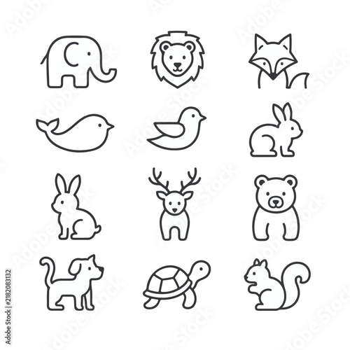 Vector-based, uncolored animal line icon set on a white background.