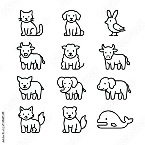 Vector-based, uncolored animal line icon set on a white background.