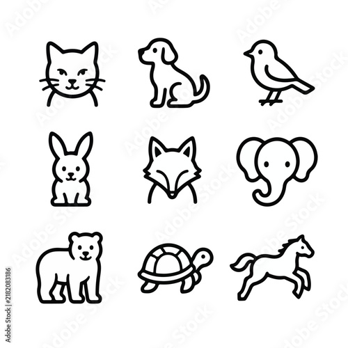 Vector-based, uncolored animal line icon set on a white background.