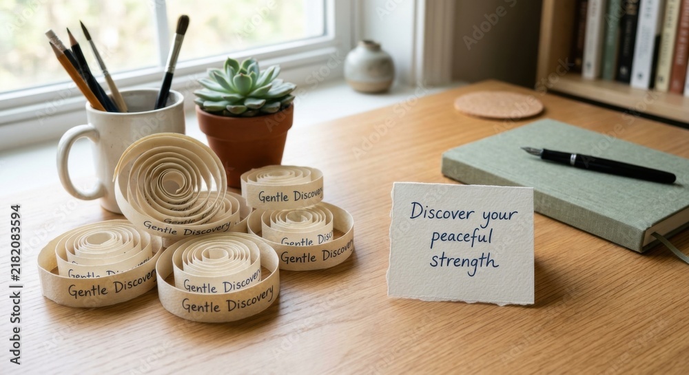 Fototapeta premium Desk workspace with rolled paper spirals and inspirational quote 'Discover your peaceful strength'