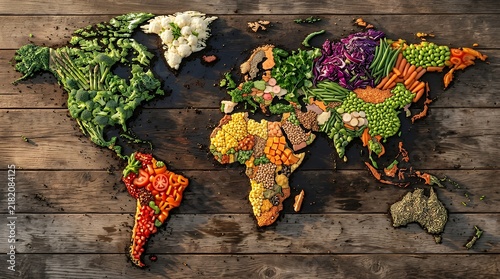A creative world map made from fresh vegetables like broccoli, carrots, and peppers on a rustic wooden background, symbolizing global nutrition and healthy eating.