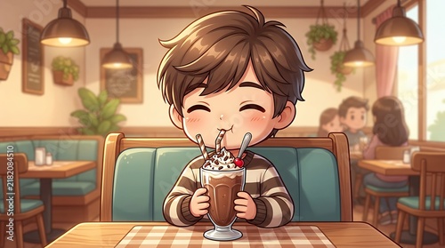 Cute chibi boy enjoying chocolate milkshake with whipped cream and cherry in cozy cafe, adorable anime illustration of child drinking sweet beverage in warm diner setting.