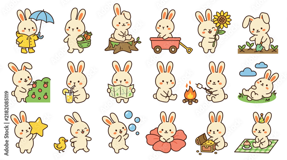 Obraz premium Set of cute cartoon bunny rabbit characters doing various daily activities and hobbies.